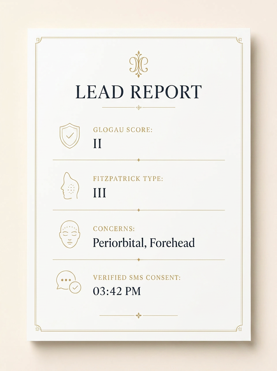 Digital lead report with Glogau Score, Fitzpatrick Type, Concerns, and Verified SMS Consent timestamp